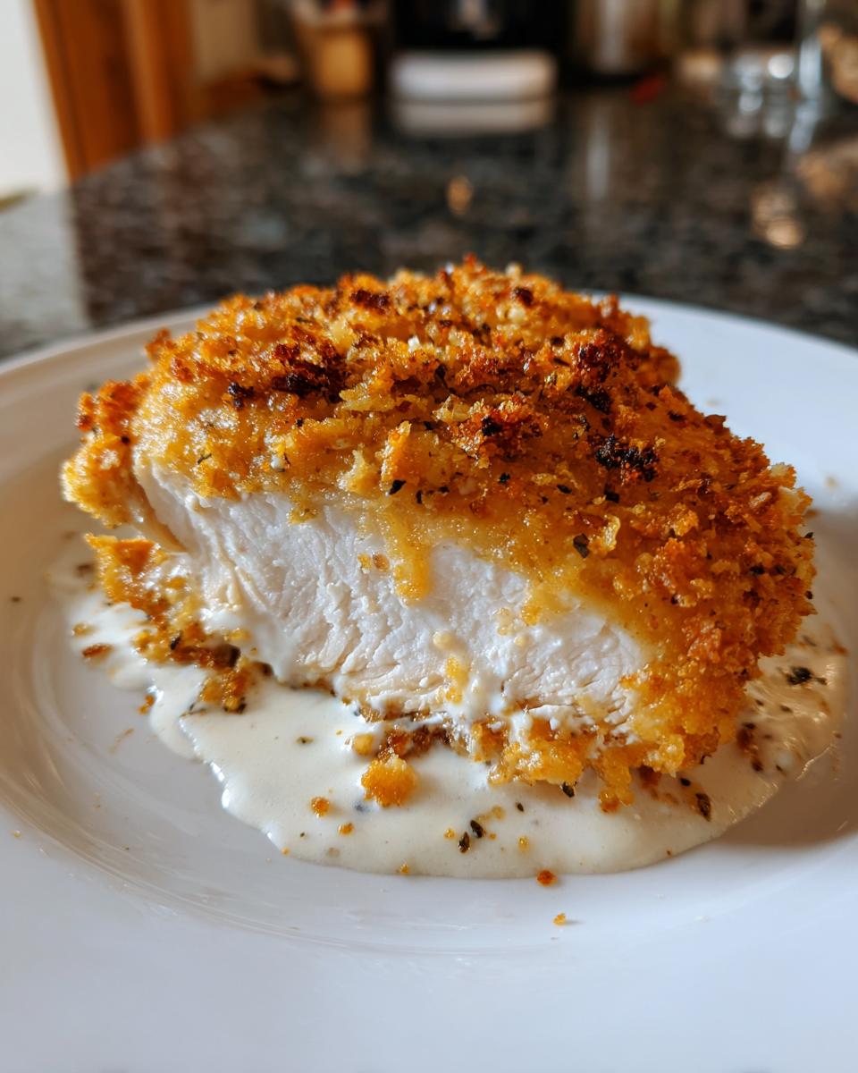 Close-up of a perfectly cooked copycat Longhorn Steakhouse Parmesan Chicken, showing the white interior and crispy golden crust over creamy sauce.
