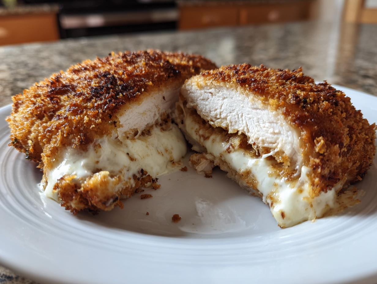 Cross-section of copycat longhorn steakhouse parmesan chicken showing crispy coating and melted cheese filling.