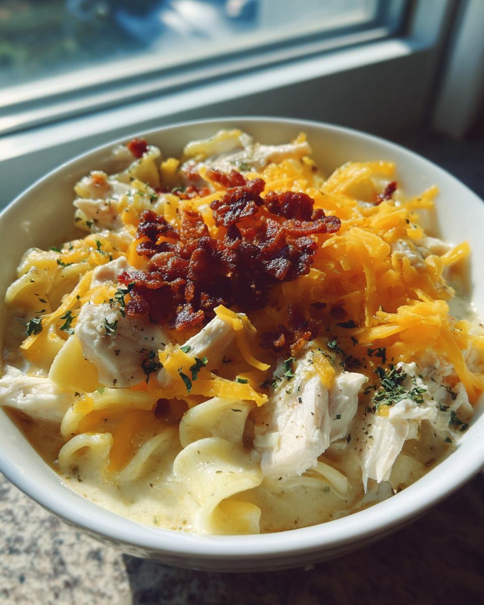 A close-up of a bowl of rich crack chicken noodle soup topped with shredded cheddar, crispy bacon, and parsley.