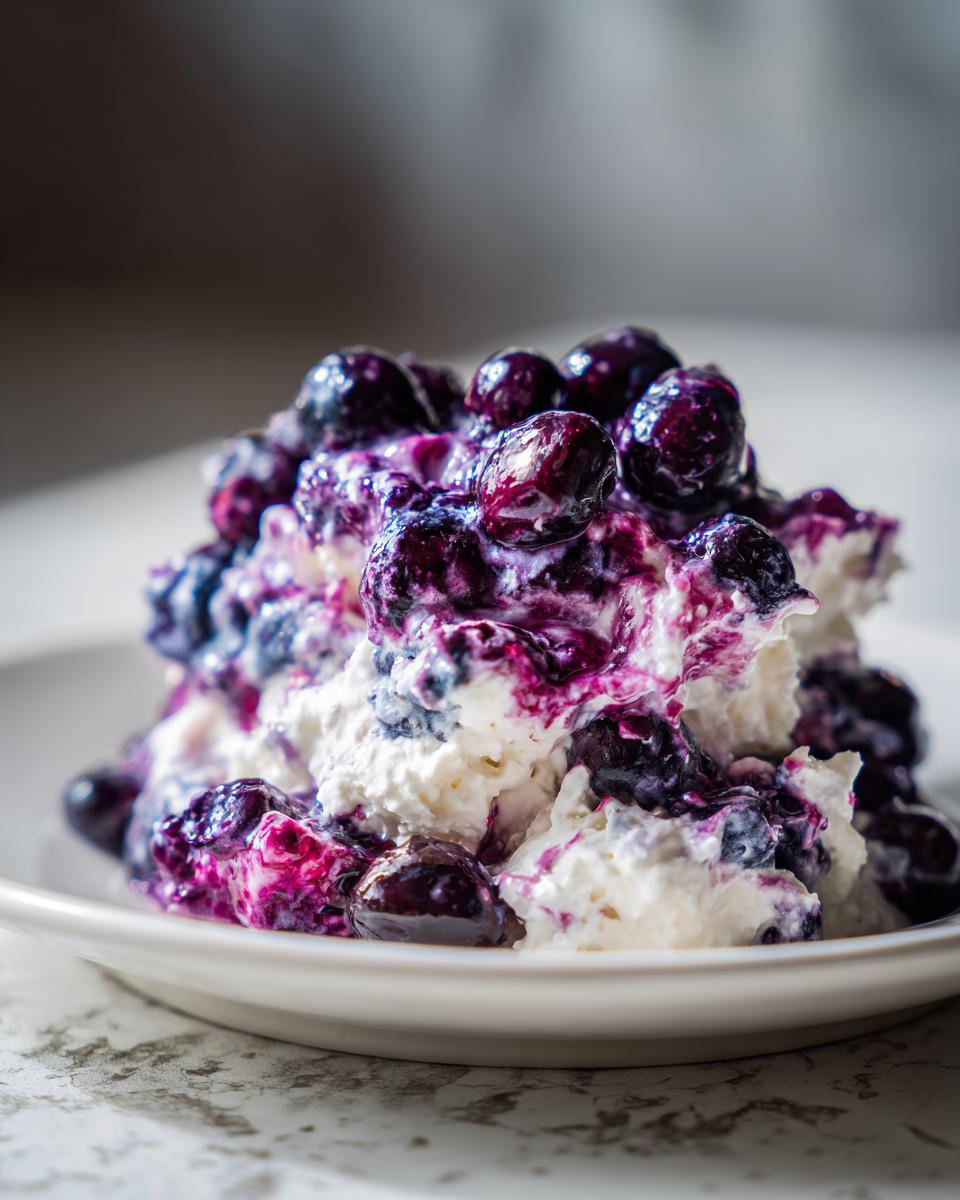 A close-up of a serving of creamy blueberry fluff salad topped generously with whole, juicy blueberries.