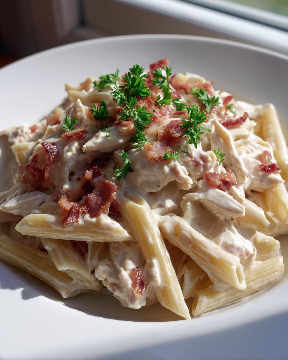 Close-up of creamy chicken bacon ranch pasta with penne, topped with crispy bacon bits and fresh parsley.