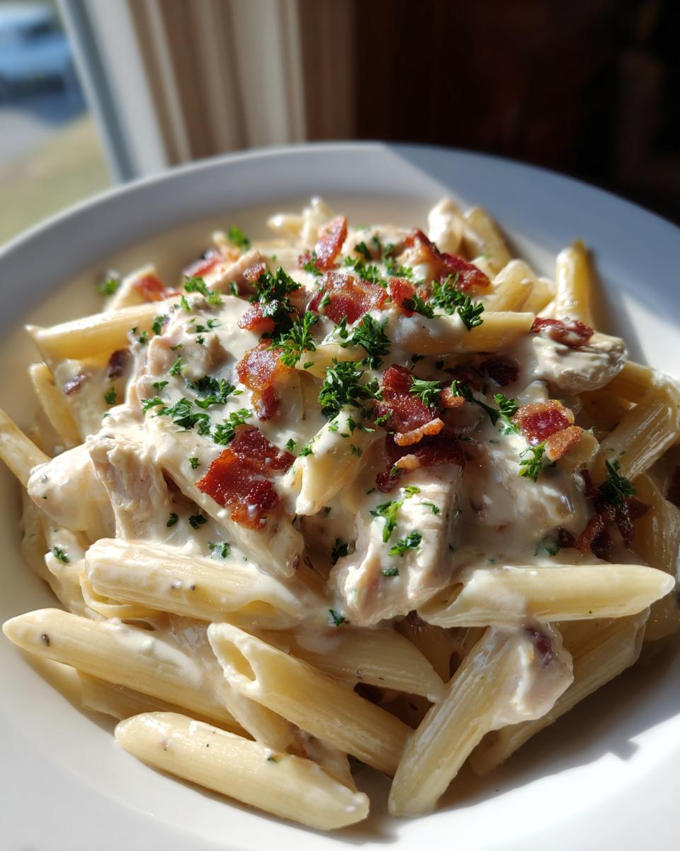 Close-up of creamy chicken bacon ranch pasta made with penne, topped with crispy bacon bits and fresh parsley.