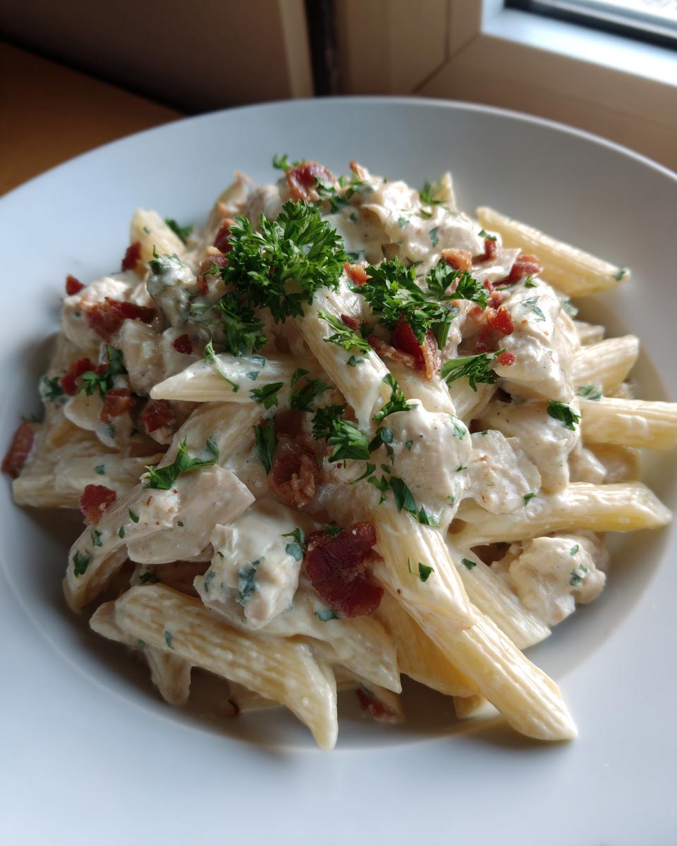 A close-up of creamy chicken bacon ranch pasta featuring penne, chunks of chicken, bacon bits, and fresh parsley garnish.