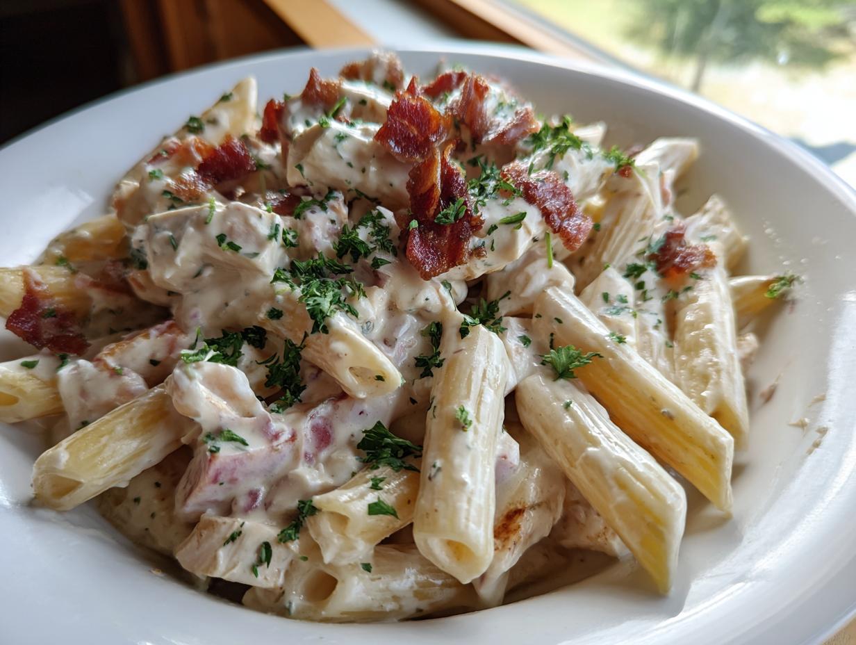 Close-up of creamy chicken bacon ranch pasta featuring penne noodles, bacon bits, and parsley garnish.