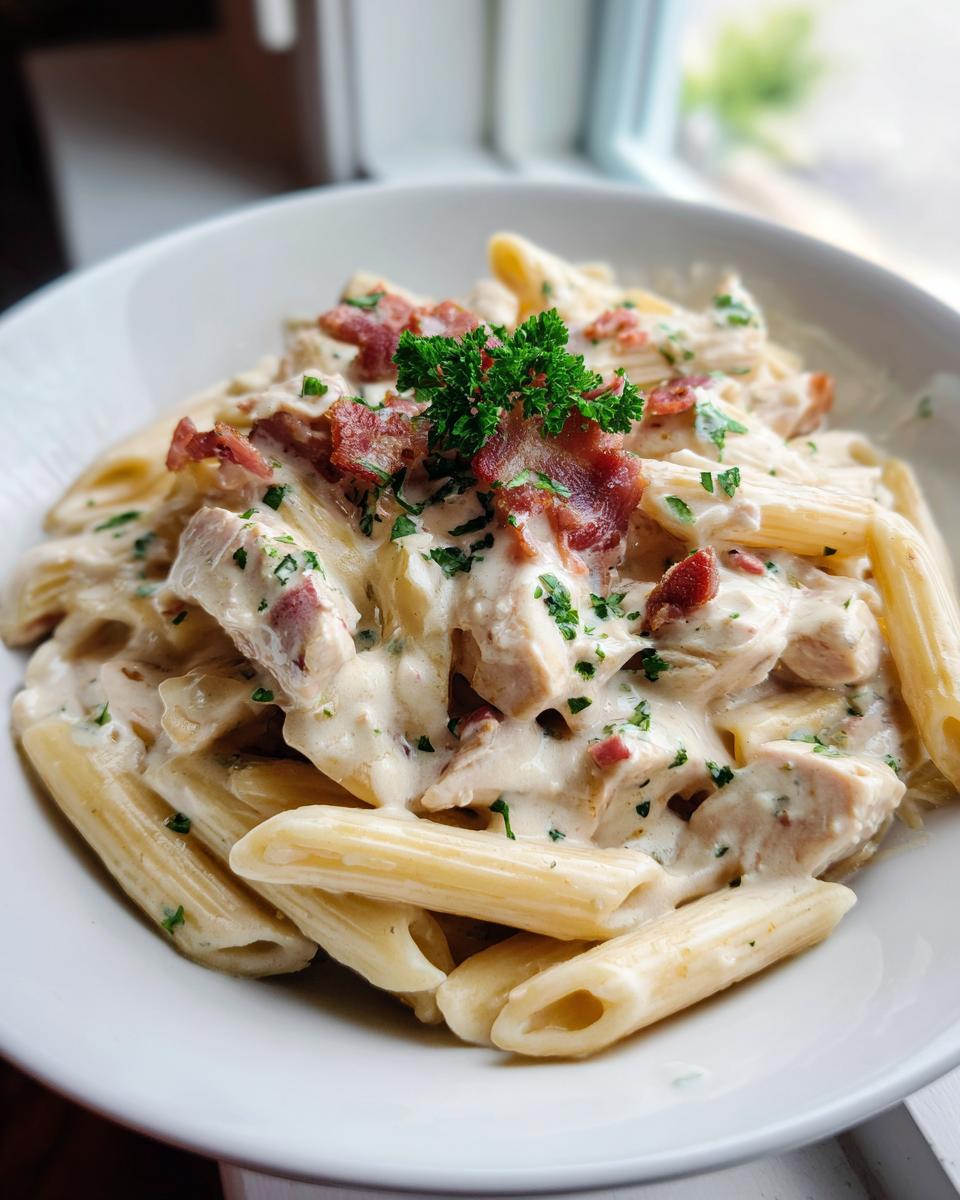 Close-up of creamy chicken bacon ranch pasta made with penne, topped with crispy bacon and parsley.