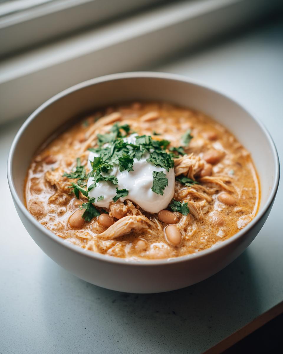 A close-up of a creamy white chicken chili recipe bowl, topped with sour cream and fresh cilantro.