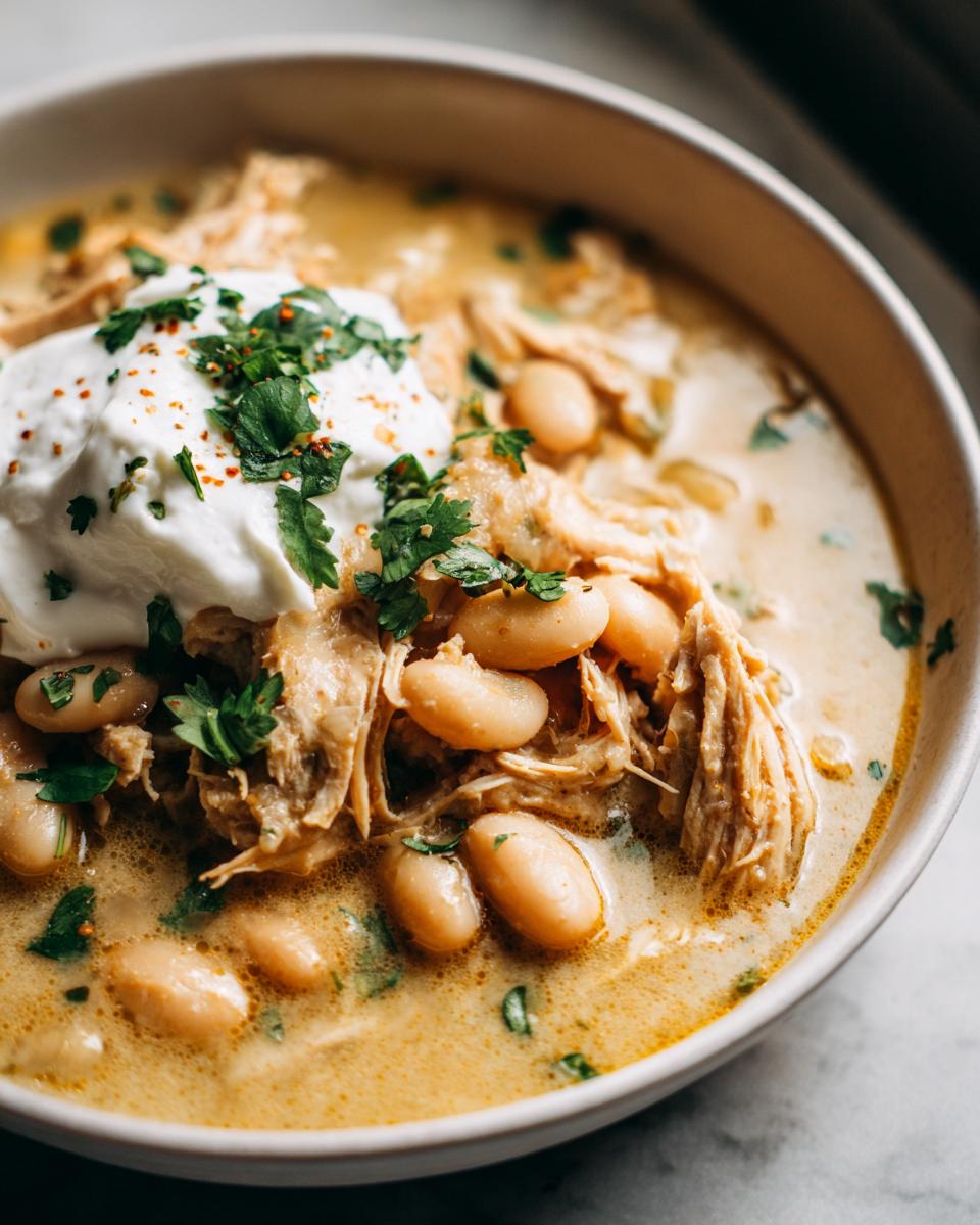 Close-up of a bowl of creamy white chicken chili recipe, topped with sour cream and cilantro.