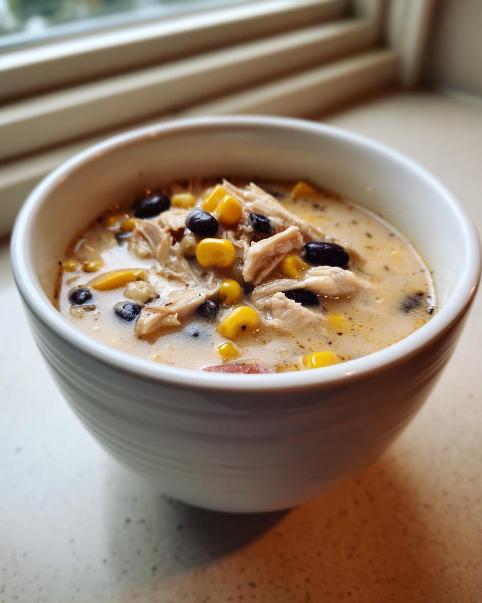 Close-up of a white bowl filled with creamy chicken taco soup, featuring shredded chicken, black beans, and corn kernels.