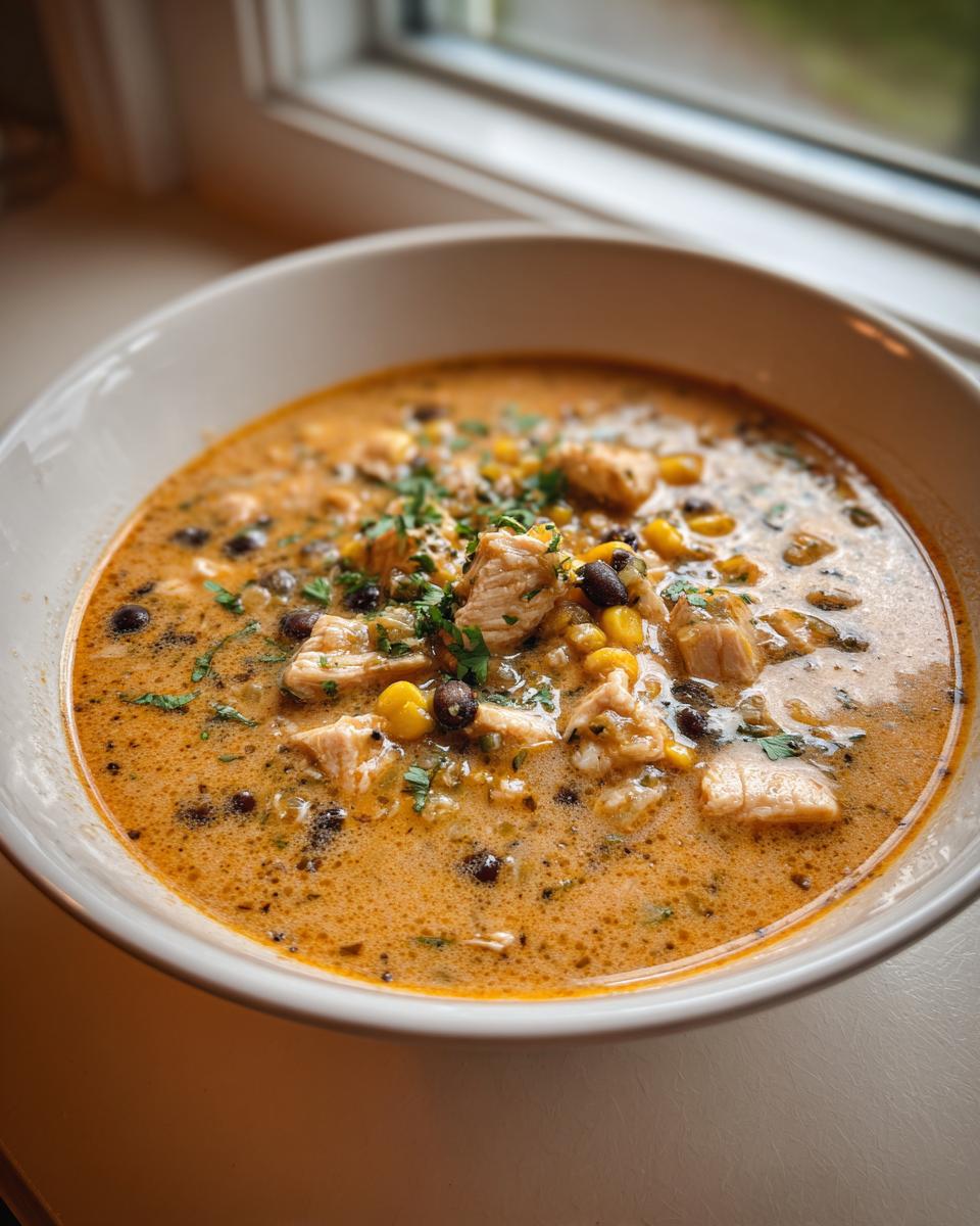 Close-up of a white bowl filled with creamy chicken taco soup, featuring chunks of chicken, black beans, and corn, garnished with cilantro.