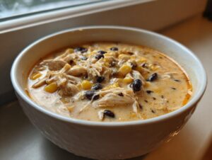 Close-up of a white bowl filled with creamy chicken taco soup, featuring shredded chicken, corn, and black beans.
