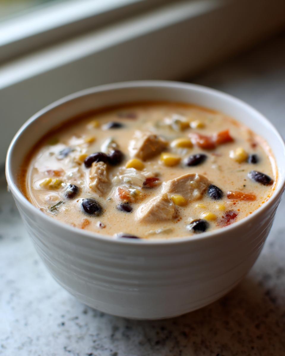 Close-up of a white bowl filled with creamy chicken taco soup, showing chunks of chicken, black beans, and corn.