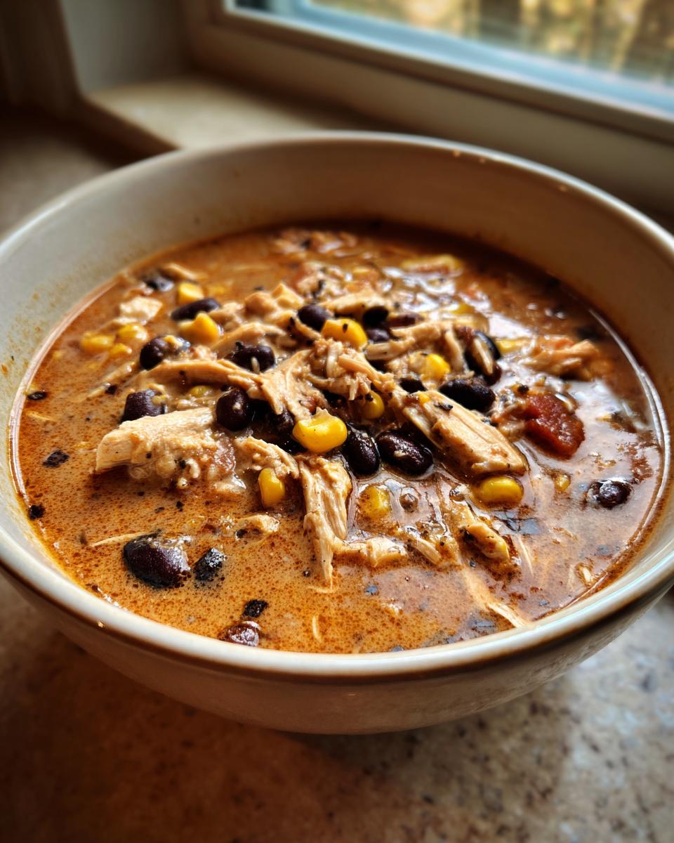 Close-up of a hearty bowl of creamy chicken taco soup topped with shredded chicken, black beans, and corn kernels.