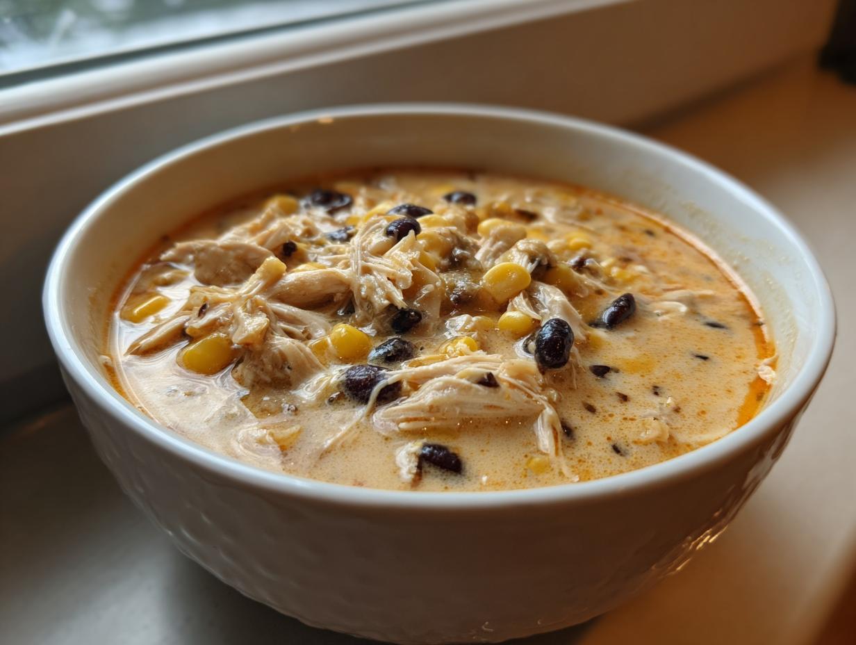 Close-up of a white bowl filled with creamy chicken taco soup, featuring shredded chicken, corn, and black beans.