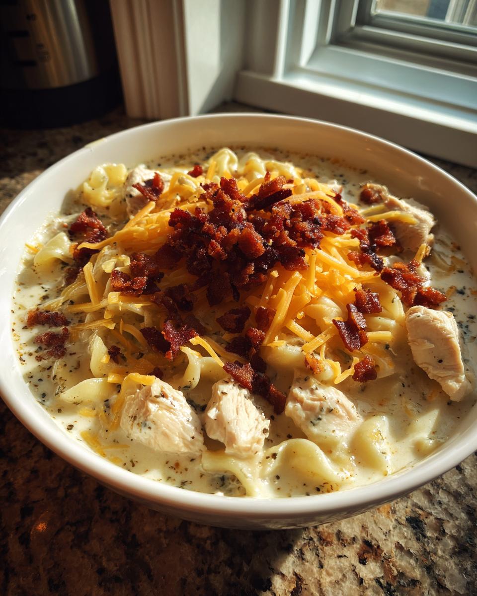 A close-up of a bowl of creamy crack chicken noodle soup topped with shredded cheddar cheese and crispy bacon bits.