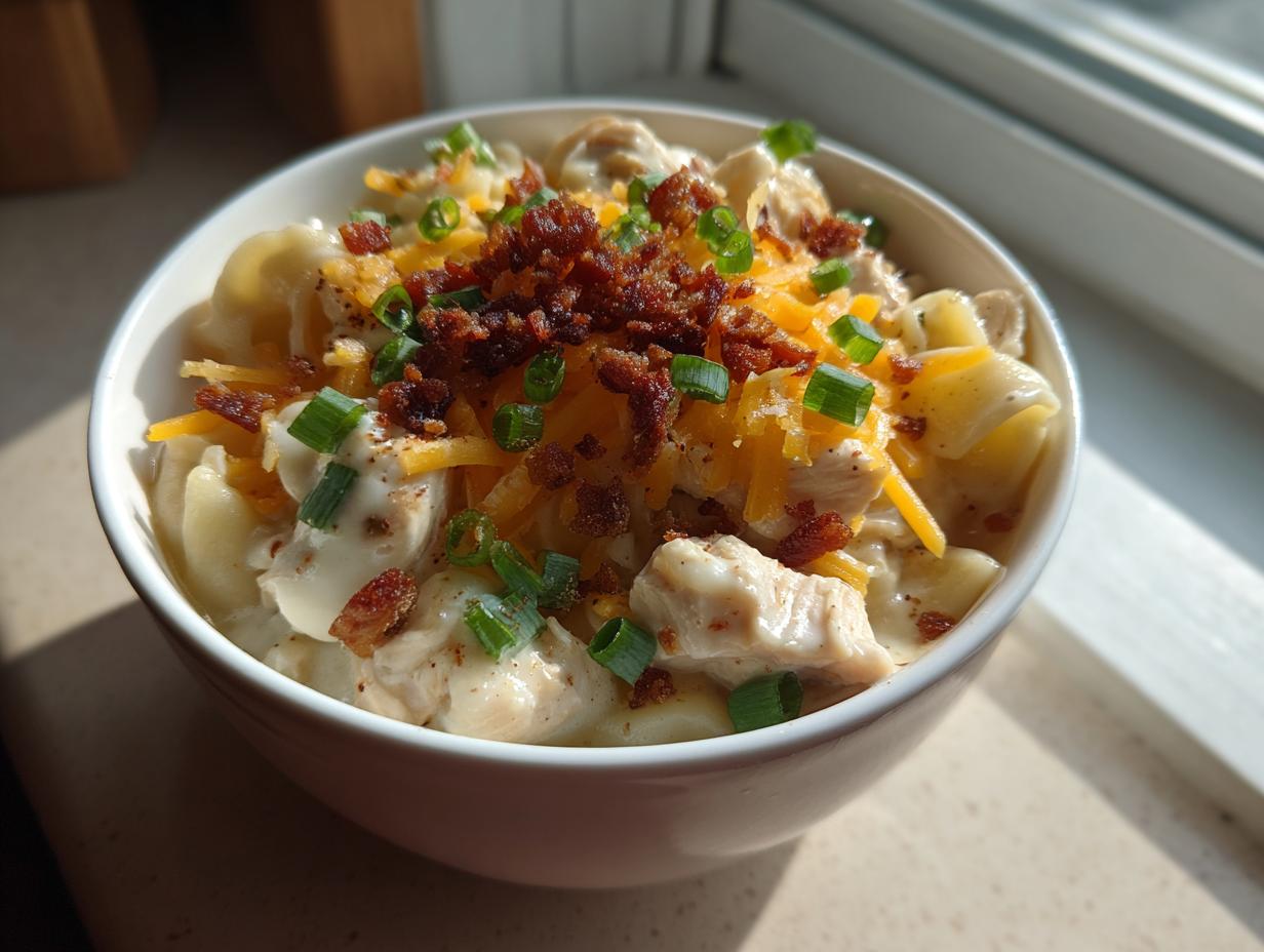 A close-up of a bowl of creamy crack chicken noodle soup, featuring chunks of chicken, noodles, shredded cheese, bacon bits, and green onions.