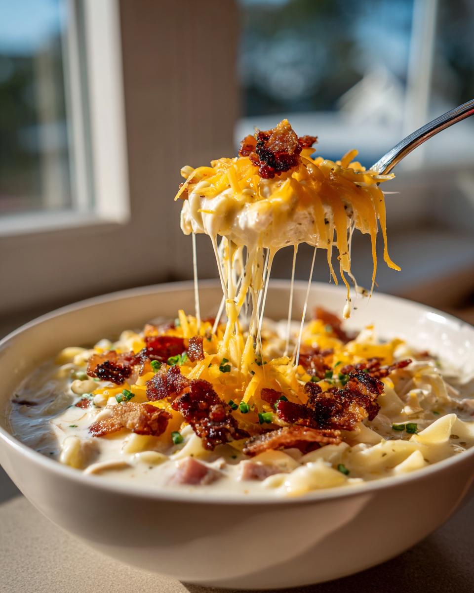 A spoonful of creamy crack chicken noodle soup dripping with melted cheese and topped with bacon.