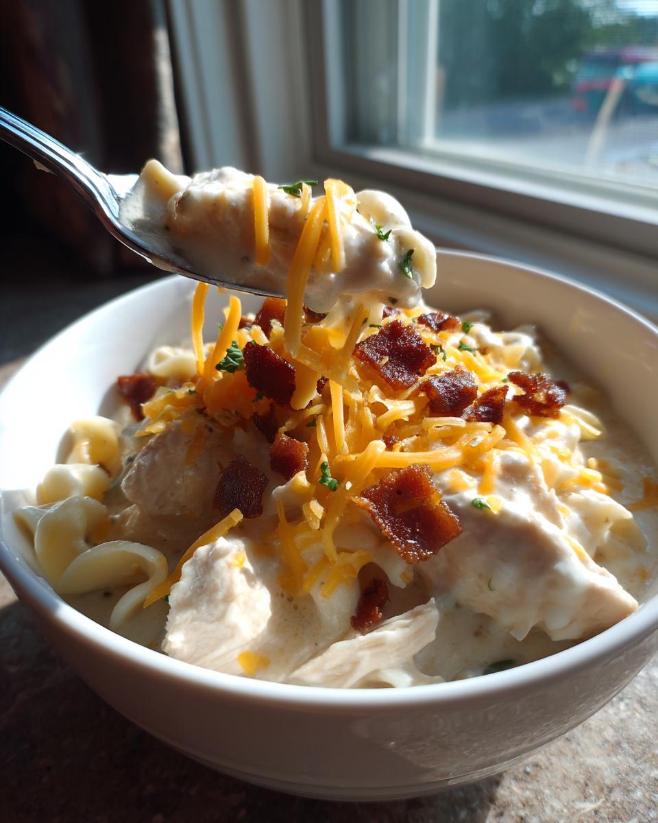 A spoonful of creamy crack chicken noodle soup topped with shredded cheddar cheese and bacon bits being lifted from a white bowl.