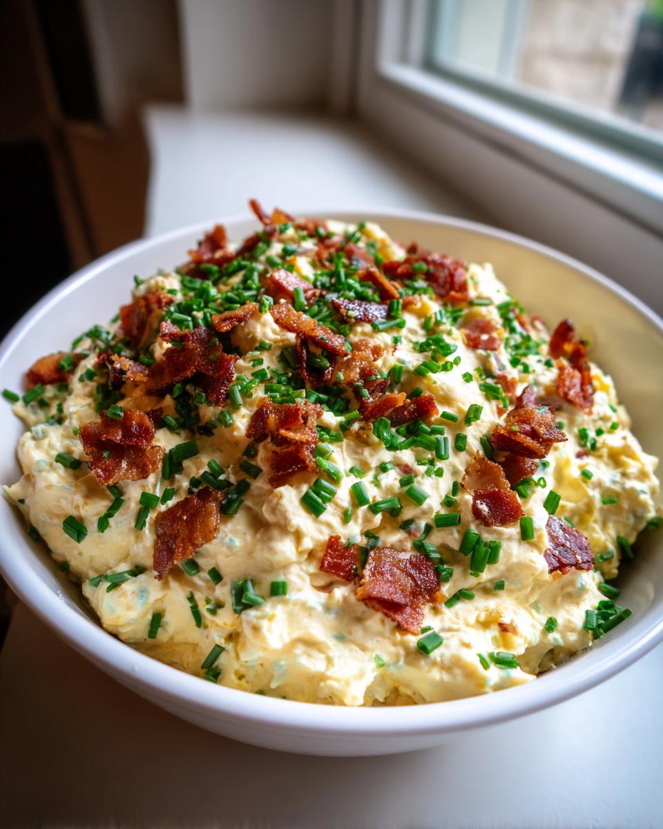 A creamy, yellow deviled egg dip topped generously with crumbled bacon and fresh chopped chives.