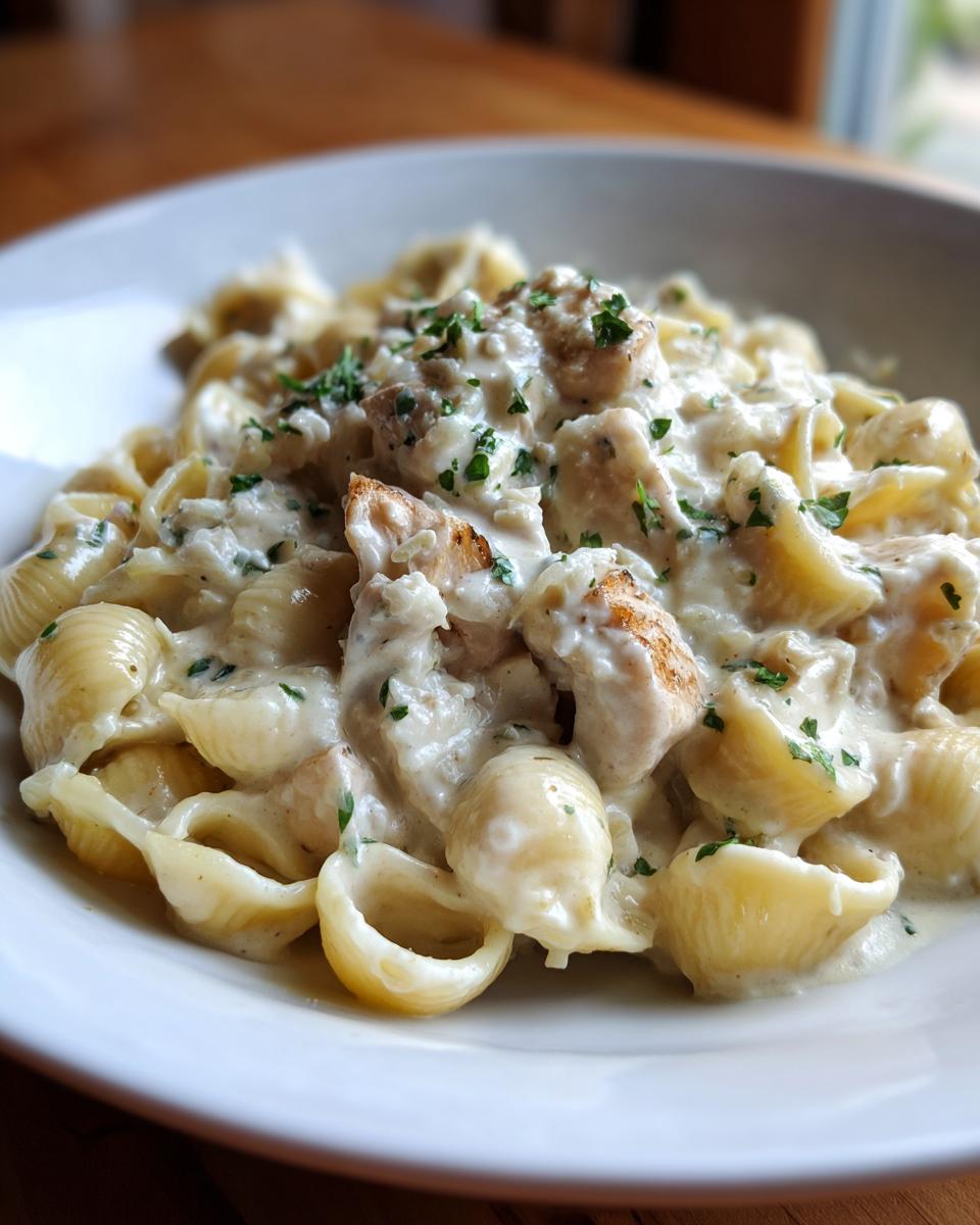 Close-up of creamy garlic butter chicken alfredo shells pasta topped with chopped parsley in a white bowl.
