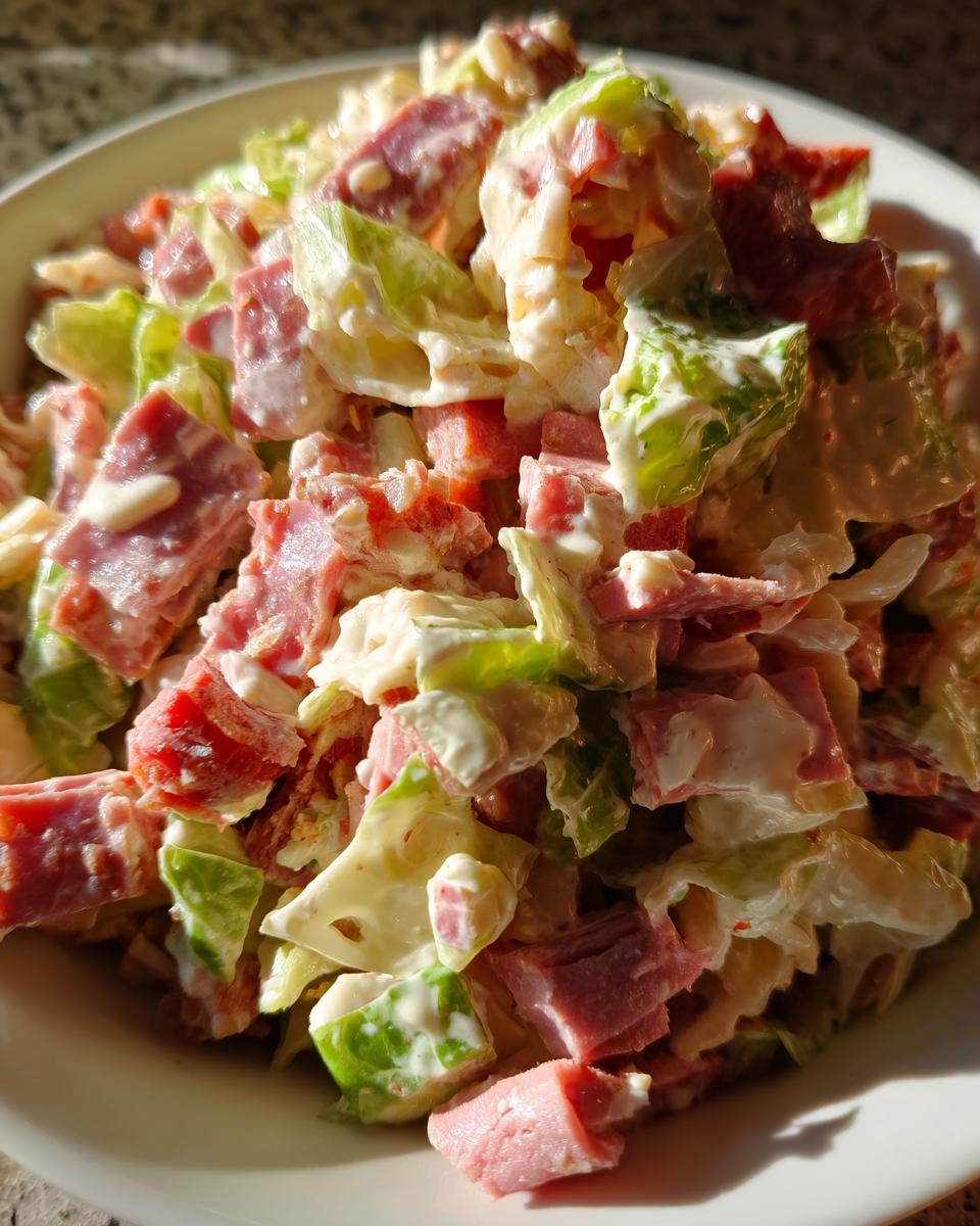 A close-up, top-down view of a creamy grinder salad featuring chopped lettuce, pink deli meat, and a rich dressing.