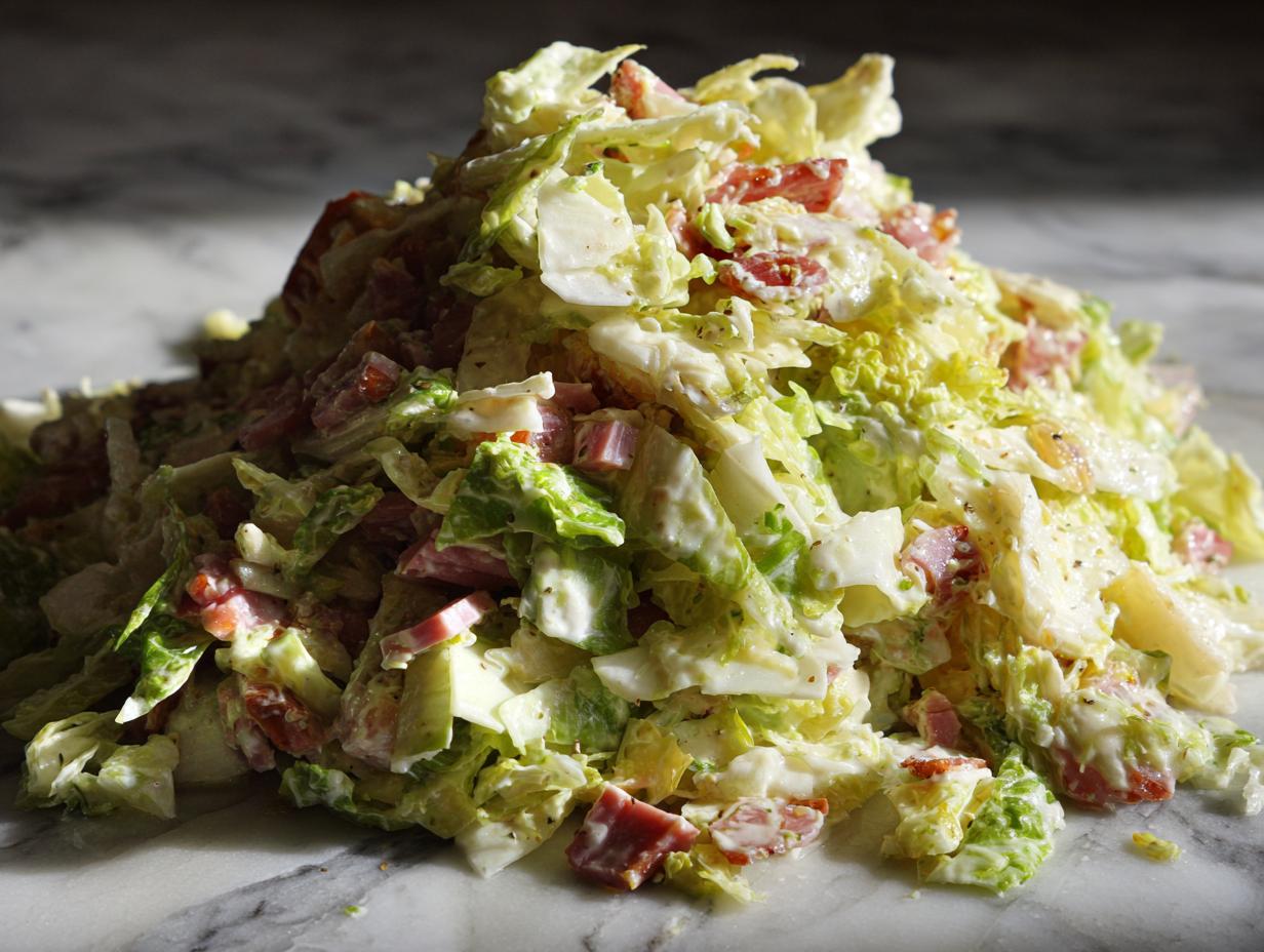 A mound of creamy grinder salad featuring chopped lettuce, chunks of deli meat, and a rich dressing, served on a marble surface.