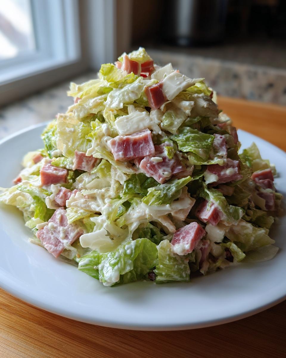 A mound of creamy grinder salad featuring chopped lettuce, cubes of ham, and white cheese on a white plate.