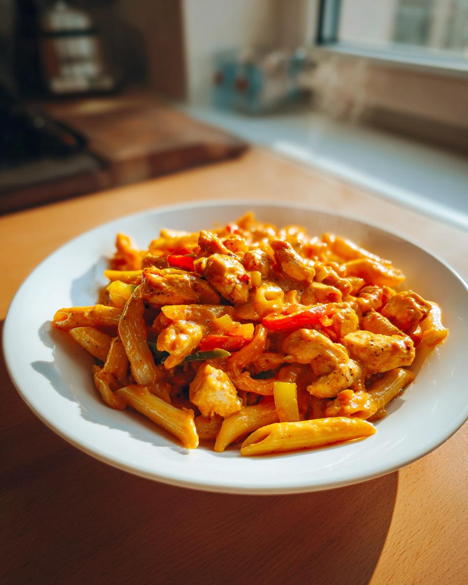A close-up of hot, creamy jerk chicken rasta pasta with peppers served in a white bowl near a sunlit window.
