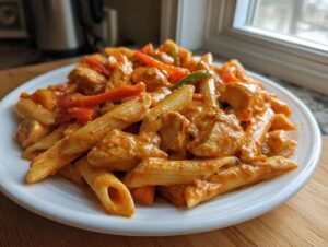 A white plate piled high with creamy jerk chicken rasta pasta featuring penne, chicken chunks, and colorful bell peppers.