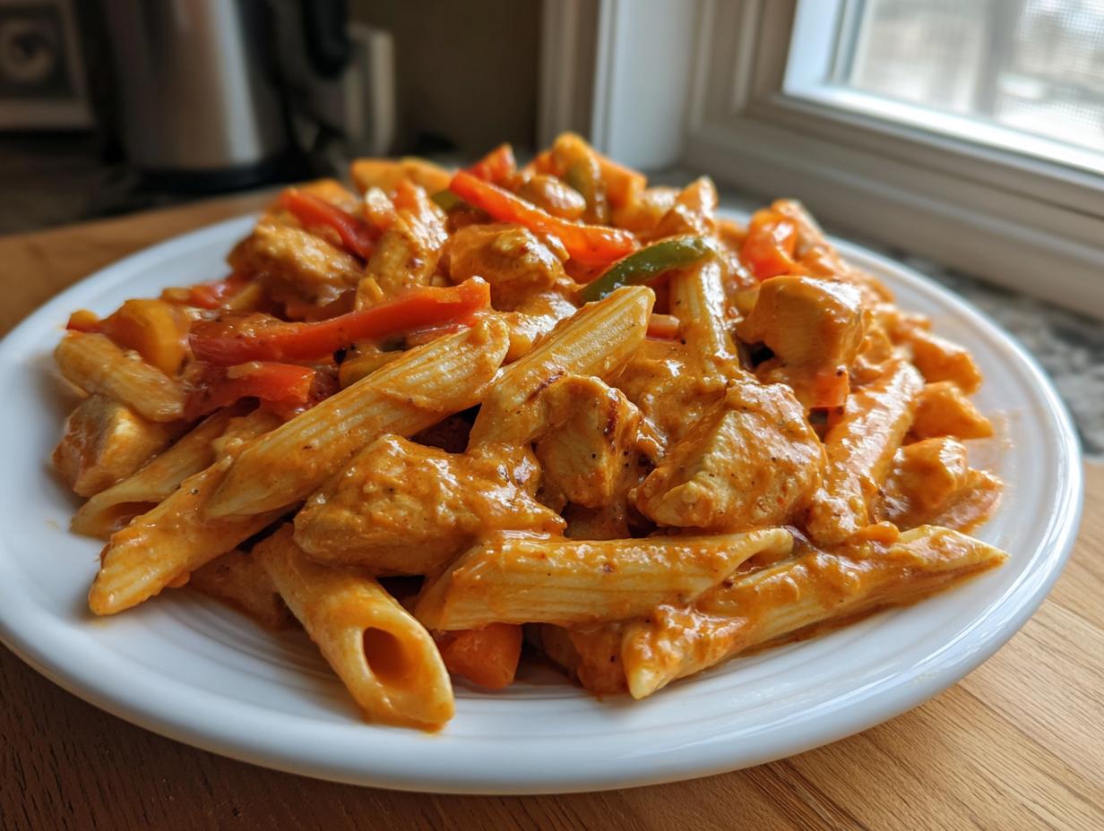 A white plate piled high with creamy jerk chicken rasta pasta featuring penne, chicken chunks, and colorful bell peppers.