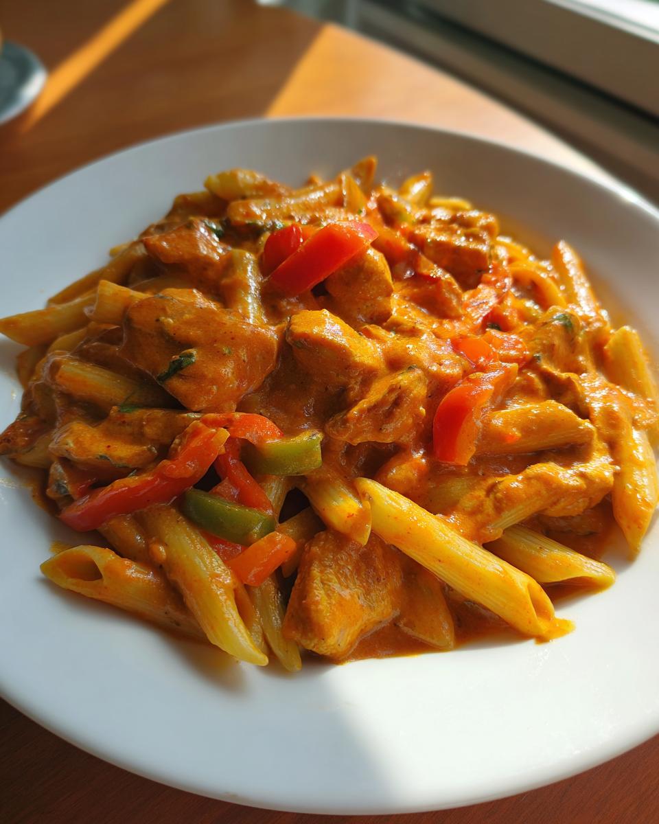 A close-up of creamy jerk chicken rasta pasta with penne, chicken chunks, and colorful bell peppers on a white plate.
