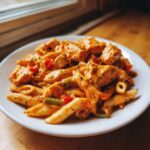 A close-up of a white plate filled with creamy jerk chicken rasta pasta featuring penne, chicken chunks, and bell peppers.