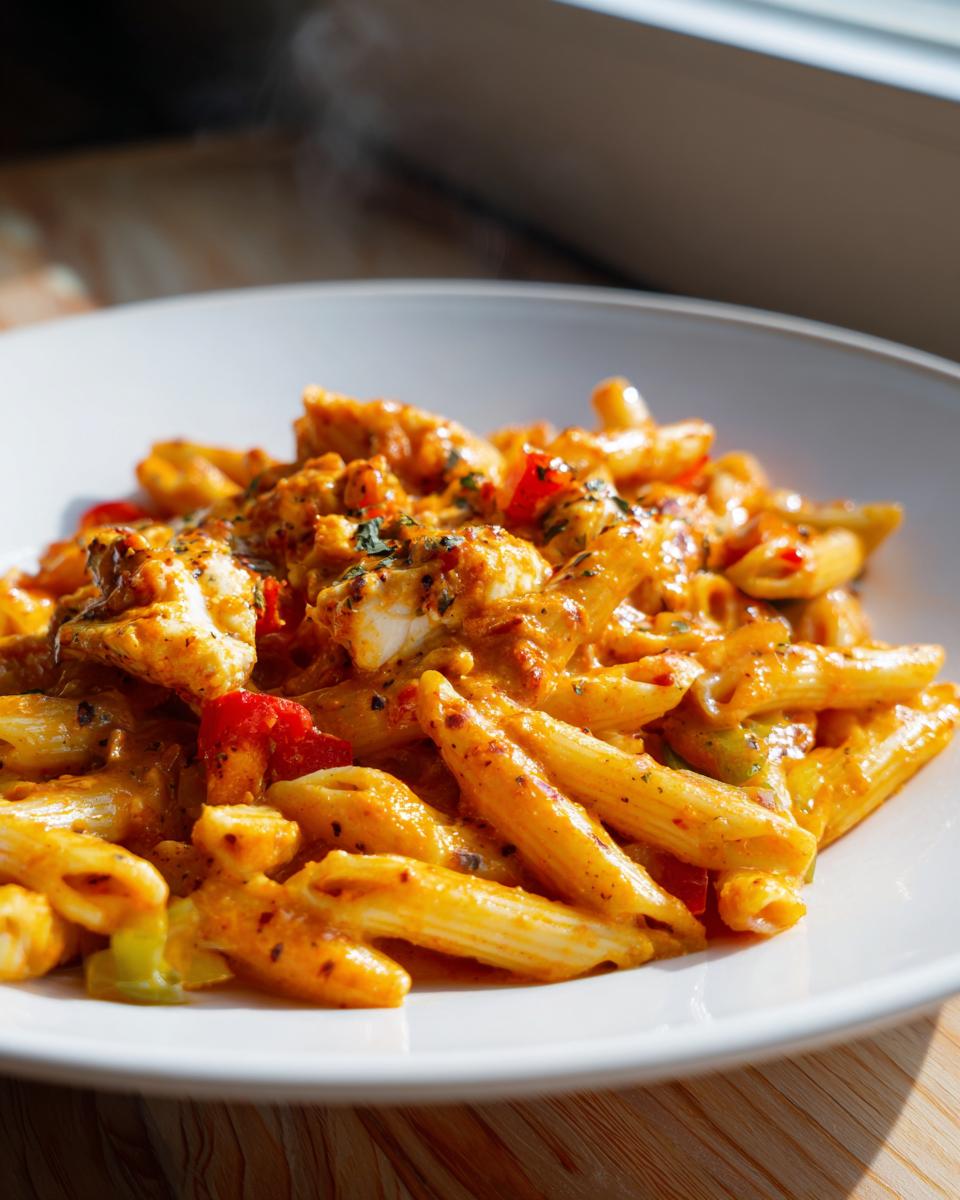 Close-up of steaming creamy jerk chicken rasta pasta with penne, chicken pieces, and red peppers in a white bowl.