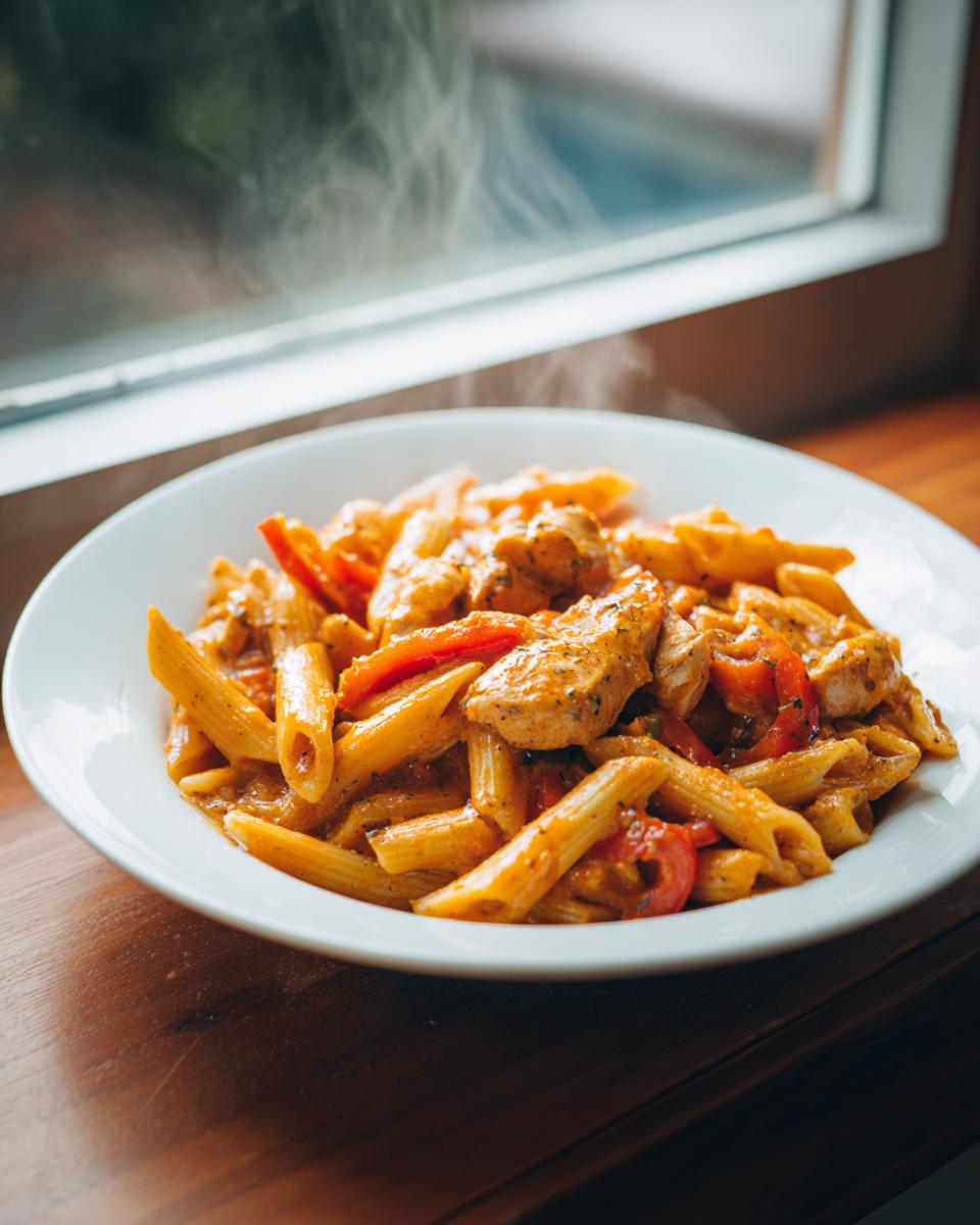 A close-up of steaming creamy jerk chicken rasta pasta with penne and red peppers served in a white bowl.
