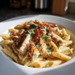 A close-up of creamy marry me chicken pasta featuring penne noodles, sliced grilled chicken, and sun-dried tomatoes.