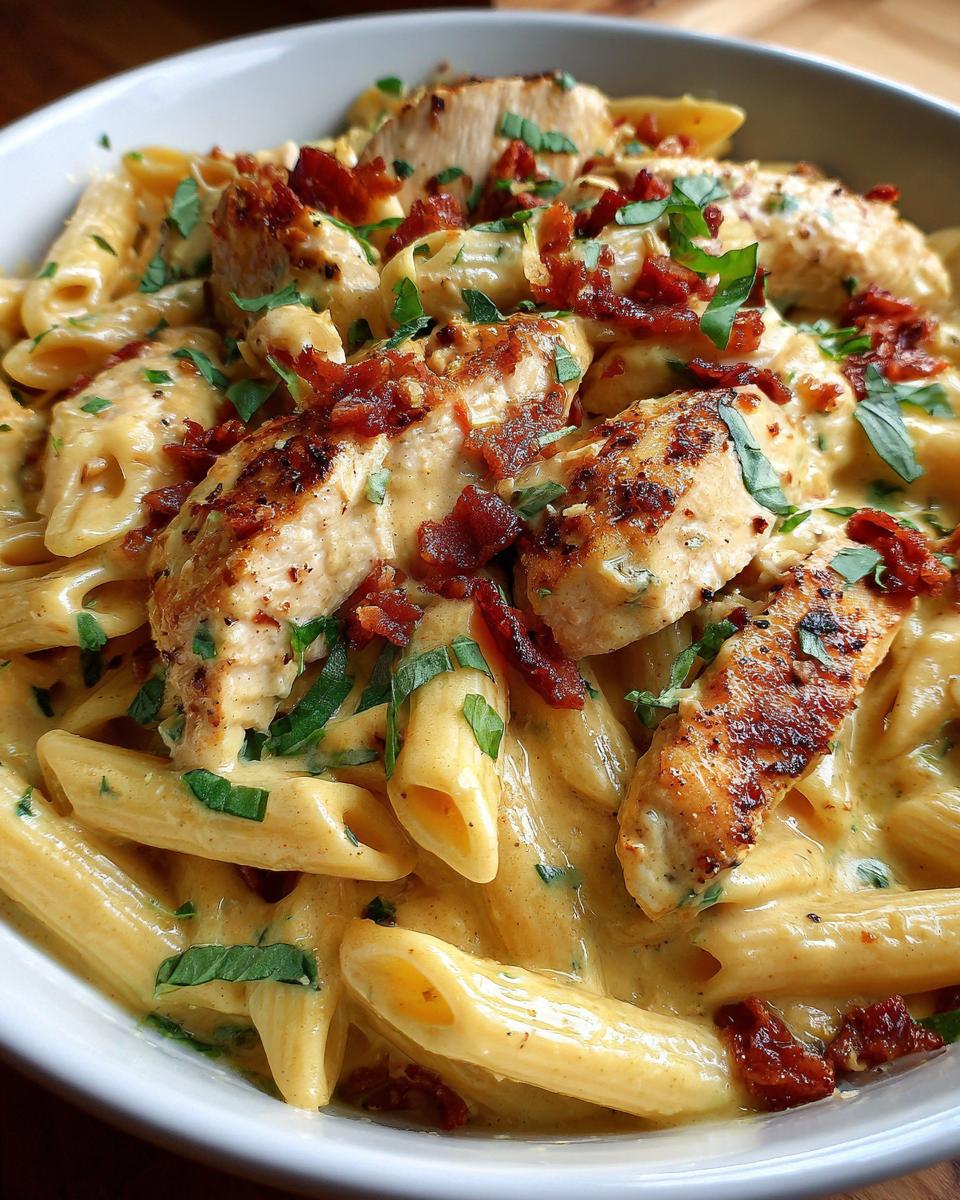 Close-up of creamy marry me chicken pasta featuring penne, sliced chicken breast, bacon bits, and fresh parsley garnish.