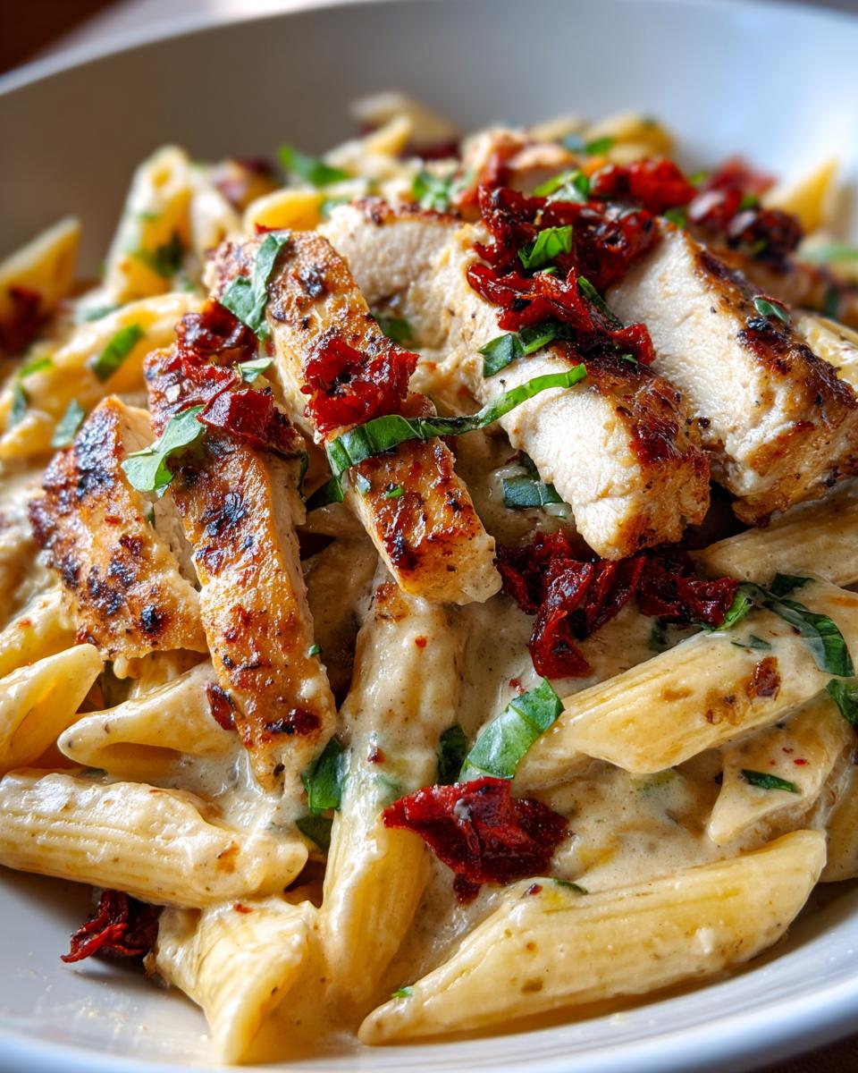 Close-up of creamy marry me chicken pasta featuring penne, sliced grilled chicken, sun-dried tomatoes, and fresh basil.