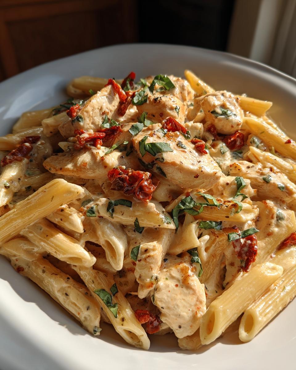 Close-up of creamy marry me chicken pasta featuring penne, chicken pieces, sun-dried tomatoes, and fresh basil.