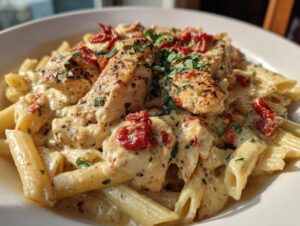 Close-up of creamy marry me chicken pasta featuring penne noodles, seared chicken pieces, and sun-dried tomatoes.