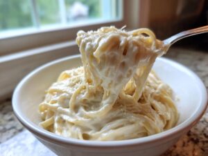 A fork lifts creamy fettuccine noodles coated in rich Olive Garden Alfredo Sauce from a white bowl.