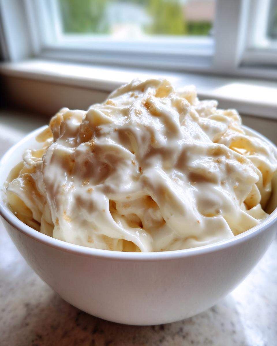 Close-up of pasta heavily coated in creamy Olive Garden Alfredo Sauce, served in a white bowl.