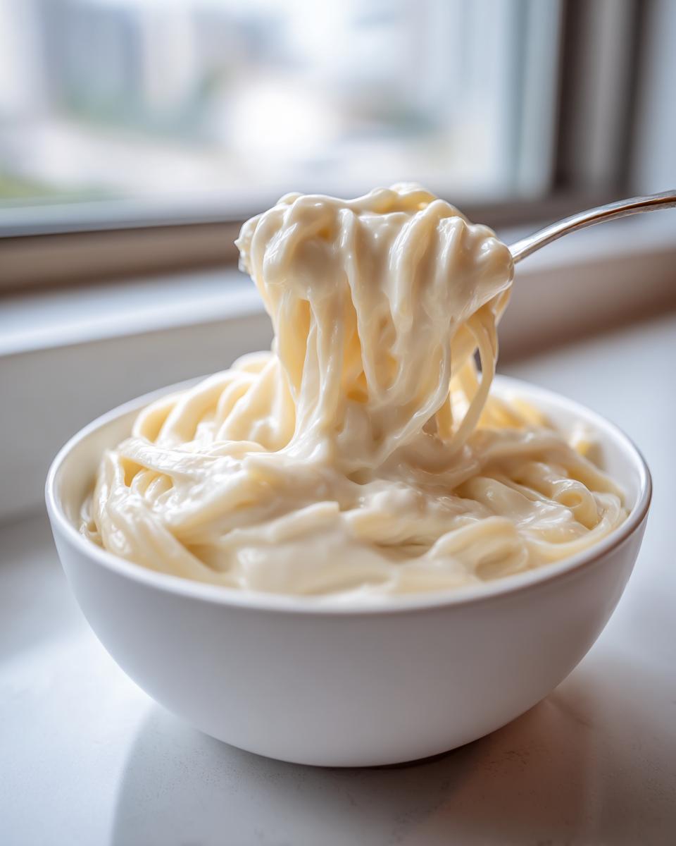 A fork lifts pasta heavily coated in thick, creamy Olive Garden Alfredo Sauce from a white bowl.