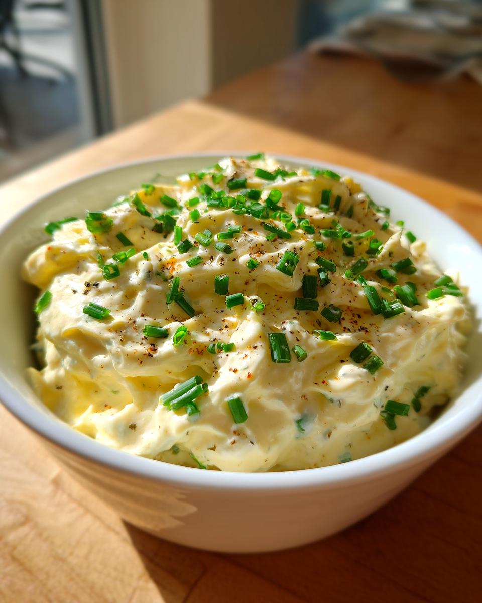 Close-up of a bowl filled with creamy smoked cream cheese dip, garnished generously with fresh chopped chives and black pepper.