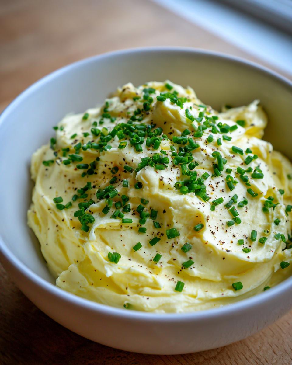 Close-up of a creamy, pale yellow smoked cream cheese dip topped generously with fresh chopped chives and black pepper.