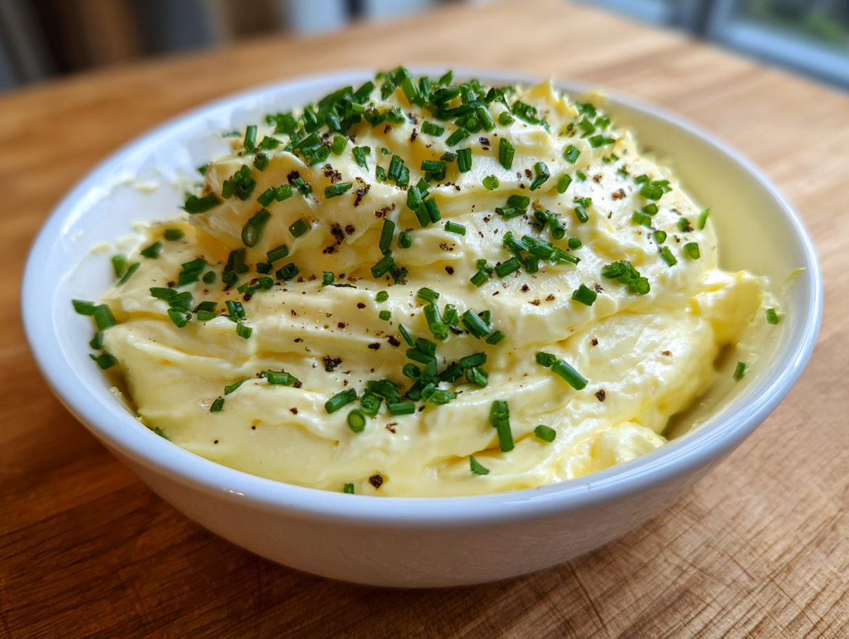 A white bowl filled with creamy, pale yellow smoked cream cheese dip, garnished generously with chopped chives and black pepper.