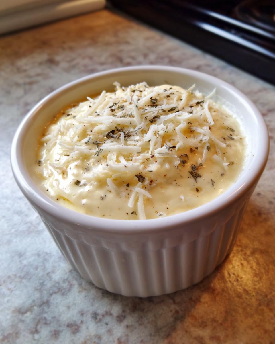 A small white ramekin filled with creamy, yellow spicy caesar dressing, topped with shredded Parmesan and herbs.