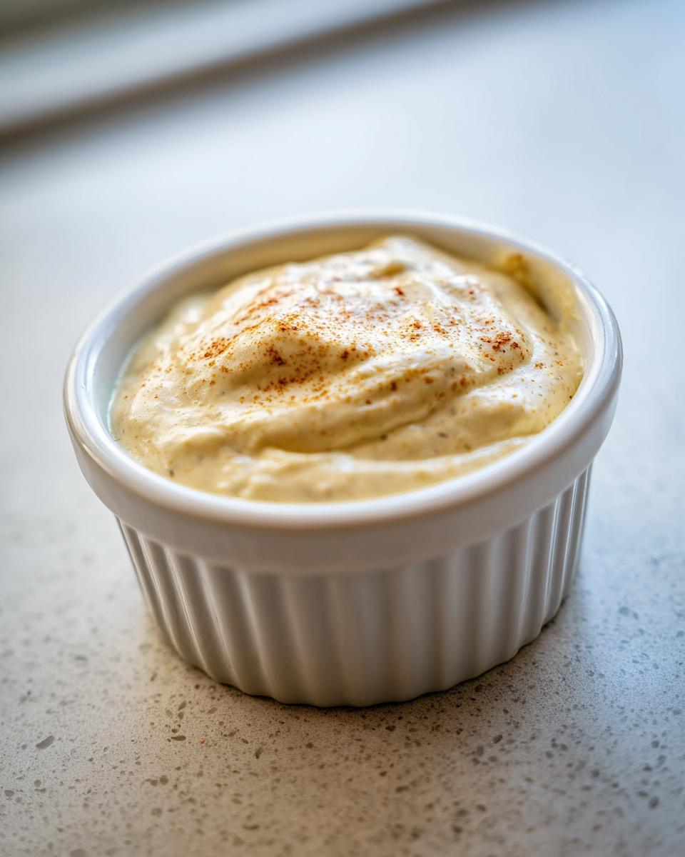 Close-up of thick, creamy spicy caesar dressing topped with a dusting of paprika in a white ramekin.