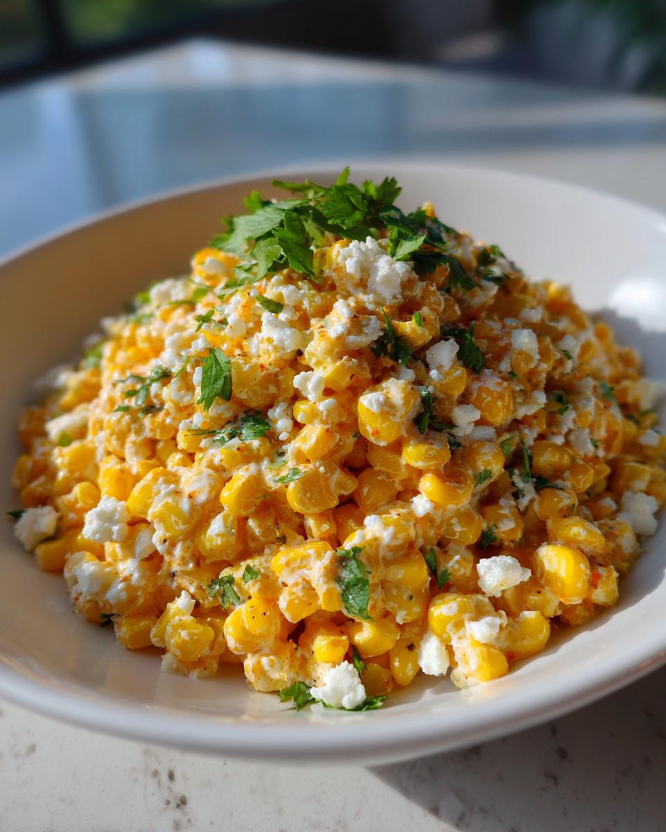 A close-up of a generous serving of vibrant yellow street corn salad mixed with white cheese and topped with fresh cilantro.