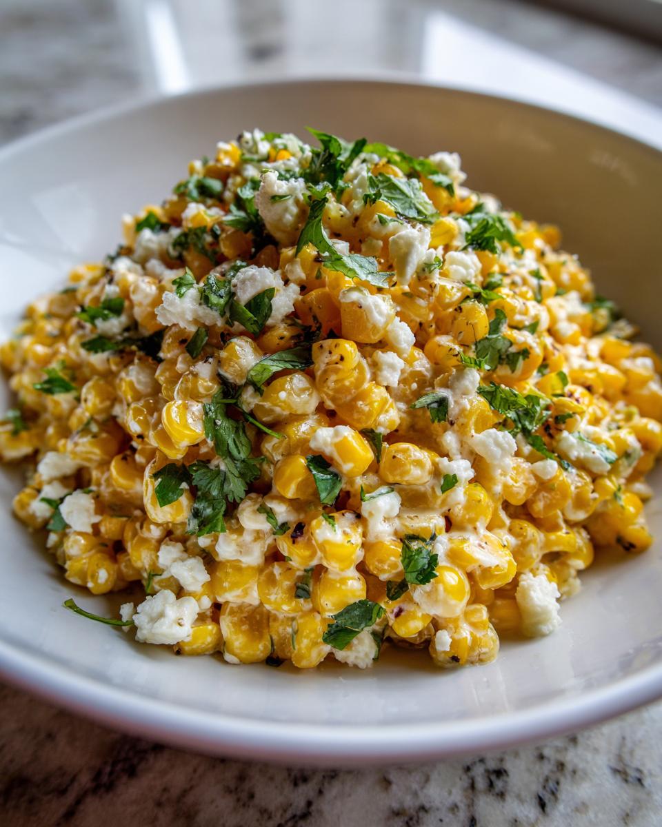 A close-up of a white bowl filled with creamy street corn salad, topped with crumbled white cheese and fresh cilantro.