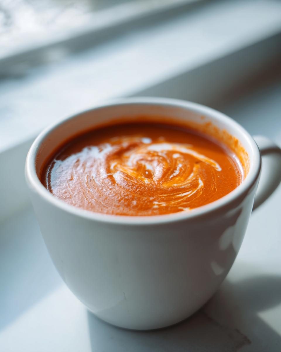 A close-up of a white mug filled with rich, orange-red creamy tomato soup, featuring a swirl of cream on top.