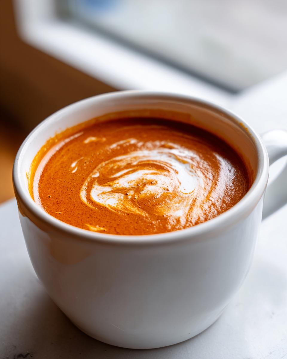 Close-up of rich, orange creamy tomato soup topped with a swirl of white cream in a white mug.